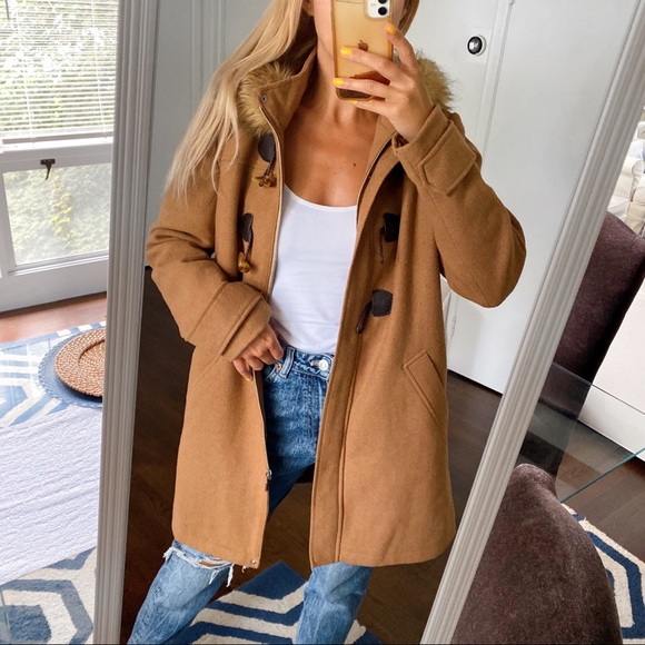 🍂 CHIC TAN FAUX FUR WOOL BLEND HOODED WINTER JACKET! - Picture 2 of 16